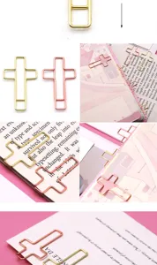 Creative metal cross paper clips in gold and rose gold, perfect for planners and books.