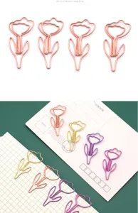 Gedetailleerd overzicht van creatieve tulp metalen paperclips in meerdere kleuren.