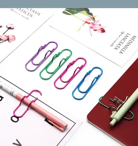 Creative metal paper clips colorful irregular bookmarks and pen holders set for office use.