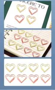 Metal heart paper clips, gold and rose gold double wire heart shaped clips for office stationery.