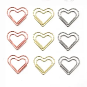 Metal heart shaped paper clips set, cute double heart design in rose gold, gold and silver.