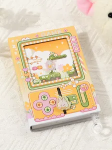 Detailed view of a game console style notebook with a cute rabbit slider mechanism
