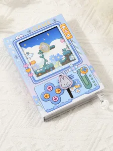 Close-up detail view of cute handheld game console style notebook with rabbit slider