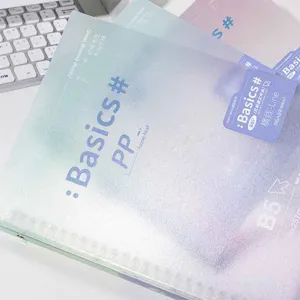 Detailed view of minimalist gradient soft cover loose leaf notebook with lined pages.