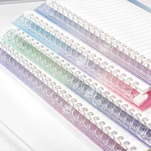 Close-up detail of clear plastic loose-leaf binder rings with colorful gradient notebook pages.