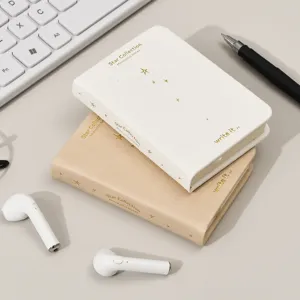 Mini cuaderno minimalista M5 A6 de bolsillo con estrellas doradas y cubierta de cuero elegante.