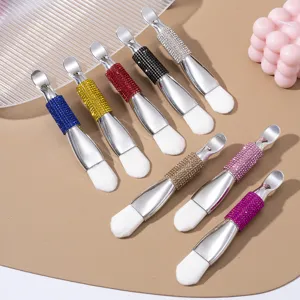 Luxurious Dual-Ended Facial Mask Brush Soft Bristles Silicone Head Metal Scoop Rhinestone Handle Skin Care Makeup Tool