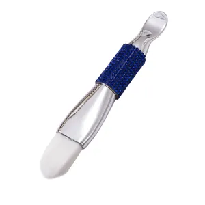 Professional dual-ended facial mask brush with metal scoop and blue rhinestone handle