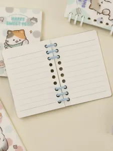 Cute cat ring notebook detail, portable pocket lined journal for students and daily memo notes.