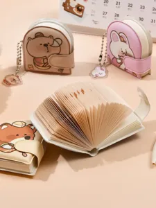 Mini accordion notebook keychain, cute cartoon bear and rabbit pendant, portable diary book.