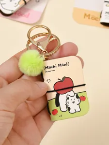 Mini PU leather notebook keychain with cute cat pattern and fluffy pom-pom pendant.