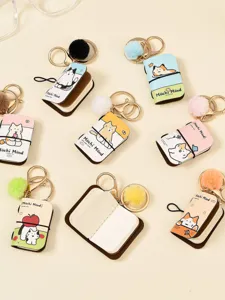 Cute mini notebook keychain with plush pom pom cute cat design pu leather portable pendant keyring.