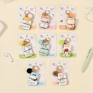 Mini PU Leather Notebook Keychain Cute Cartoon Cat Pocket Diary Pendant With Plush Ball Bag Accessory Key Ring Gift