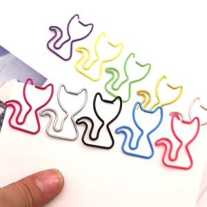 Detailed view of colorful cat-shaped metal paper clips, cute animal stationery clips.