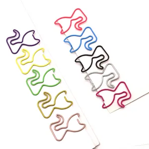 Detailed close up shot of cute cat shaped metal paper clips in assorted colorful designs.