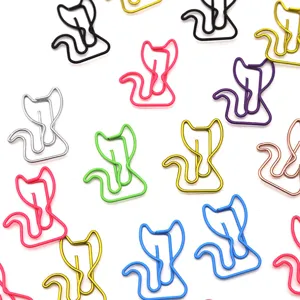 Cute cat shaped metal paper clips in assorted vibrant colors, creative stationery detail view.