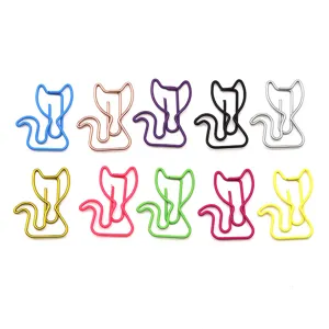 Cute cat shaped metal paper clips in colorful design, perfect for office and school use.