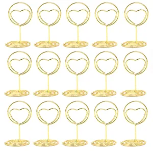 Packung mit 15 eleganten goldenen herzförmigen Metallkartenhaltern für Tischnummern