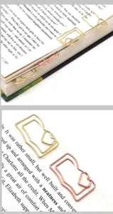 Metal book-shaped paper clips, creative golden and rose gold stationery bookmarks for study.
