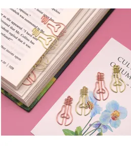 Fermagli in metallo a forma di lampadina creativa, segnalibri di cancelleria in oro rosa e oro.