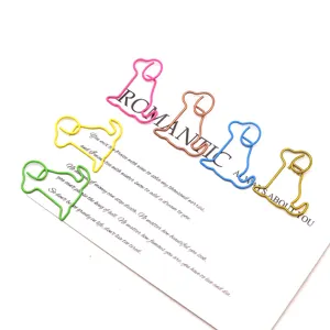 Colorful cute dog shaped metal paper clips, creative stationery bookmarks for office use.