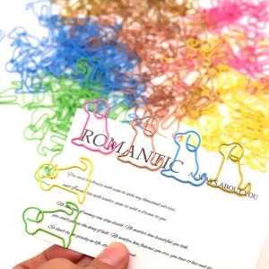 Colorful cute sitting dog shaped metal paper clips, creative office stationery and planner markers.
