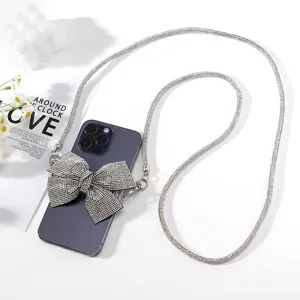 Tracolla per cellulare di lusso con fiocco in strass scintillanti e catena lunga.