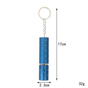 Detailed view of a blue 10ml refillable perfume atomizer with keychain and size specs