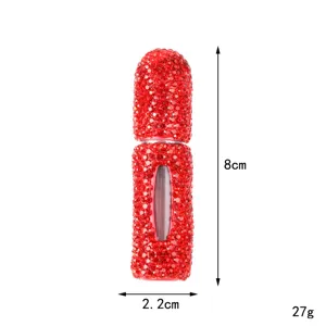 Macro shot of a red rhinestone perfume bottle showing 8cm height and 2.2cm width