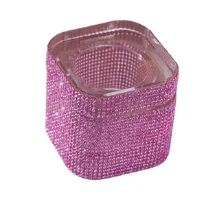 Quadratischer Nagelkunst-Reinigungshalter aus Glas mit rosa Strasssteinen und Deckel