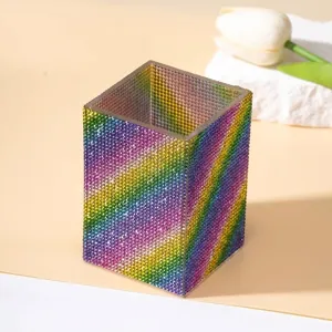 Rhinestone Bling Makeup Brush Holder Luxurious Acrylic Desktop Organizer Vanity Cosmetics Storage Bucket For Women Bathroom