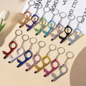 Multifunctional No-Touch Door Opener Keychain Double-Sided Rhinestone Metal Alloy Key Ring Stylus Tool For Daily Use Women