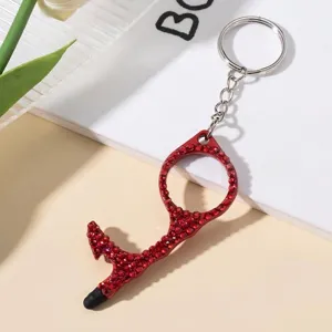 Elegant red rhinestone encrusted no-touch door opener tool with stylus tip keychain