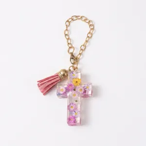 Floral resin cross keychain with pink tassel for Stanley cup handle decoration