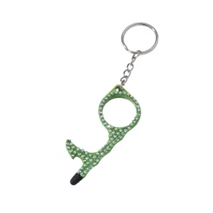 Portable sparkling green rhinestone door opener keychain with stylus for touchscreens