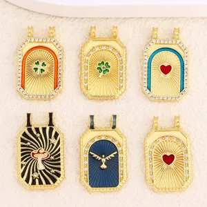 Vintage Gold-Plated Copper Tarot Card Pendant Only Rhinestone Inlaid Rectangular Mushroom Heart Clover Charm Jewelry Accessory For Women
