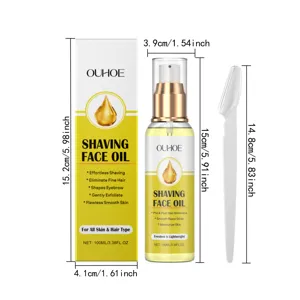 Vista dettagliata dell'olio da barba nutriente OUHOE e del rasoio con dimensioni per cura.