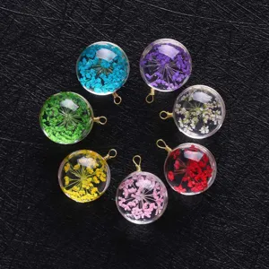 Set of seven colorful dried flower glass ball pendants for DIY handmade jewelry making