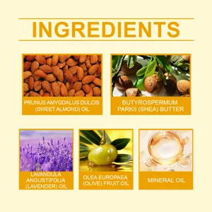 Vista dettagliata con ingredienti chiave a base di oli vegetali tra cui mandorla karité e oliva.