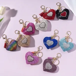 Fashion Metal Heart Shape Rhinestone Keychain Double Color Inlaid Crystal Heart Keyring With Tassel Pendant For Bag Car Women Gift