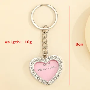 Heart-shaped mini photo frame keychain with rhinestones, 8cm metal charm accessory