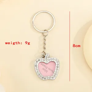 Silver rhinestone apple keychain with mini photo frame pendant, 8cm length, 9g weight