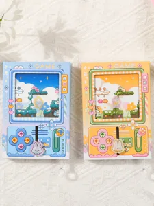 Close-up of pixel bunny game console style notebooks in blue and yellow colors