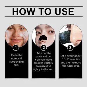 Step by step instruction graphic showing how to use nose cleansing pore strips effectively.