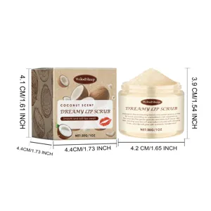 Detalle del exfoliante labial de coco WoodSleep con dimensiones, tarro de 30g para labios.
