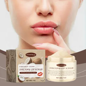 Detalle exfoliante labial coco WoodSleep textura cremosa bote 30g para labios suaves.