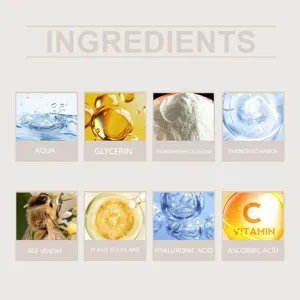 Detail view showing key ingredients like Vitamin C, Hyaluronic Acid, and Bee Venom for serum