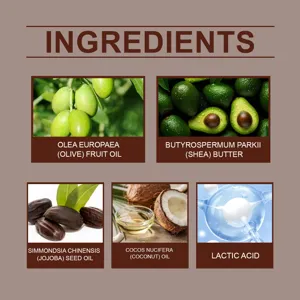 Gráfico detallado de ingredientes del exfoliante labial de coco con aceites naturales nutritivos.