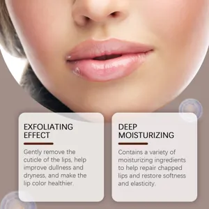 Vista detallada de los labios que demuestra la eficacia del exfoliante y cuidado hidratante.