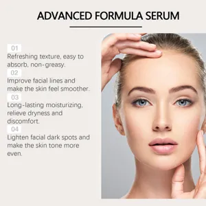 Close-up of radiant skin detailing the four benefits of OUHOE advanced formula face serum.